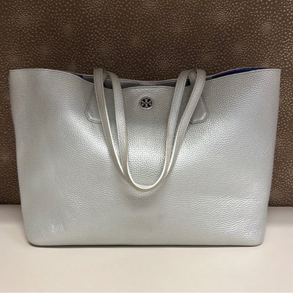 ‼️Tory Burch Perry Silver Metallic Leather Tote Shoulder Bag